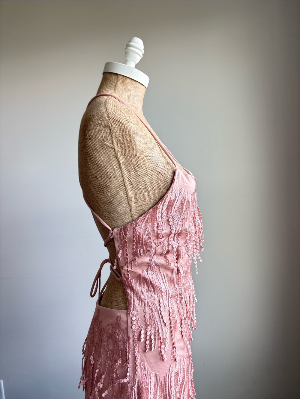 Lulus Making Magic Blush Pink Fringe Lace-Up Mini Dress LARGE - Picture 7 of 10